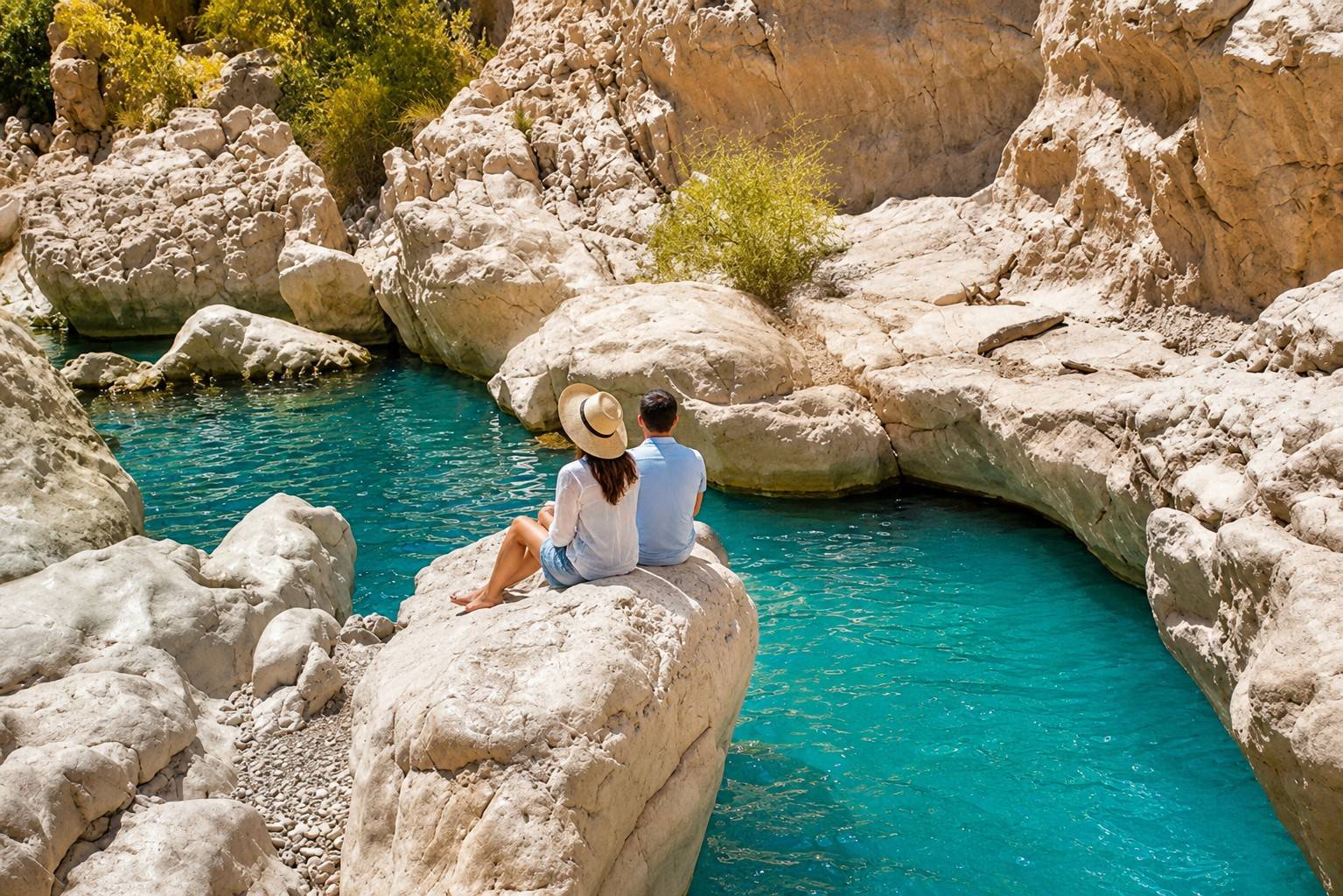 A Couple Relaxing At Wadi Bani Khalid