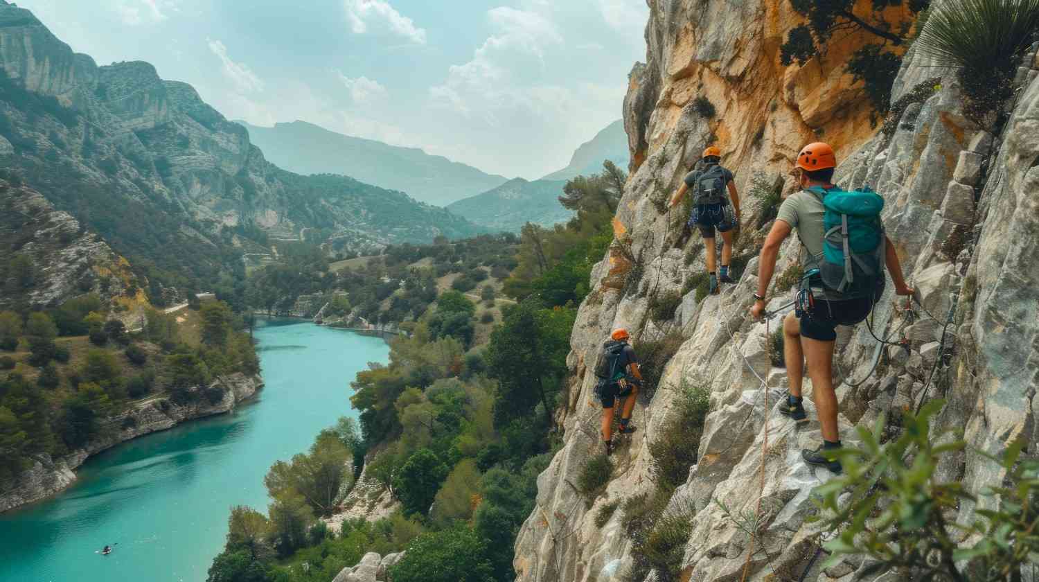Rock Climbers Above Turquoise Canyon River