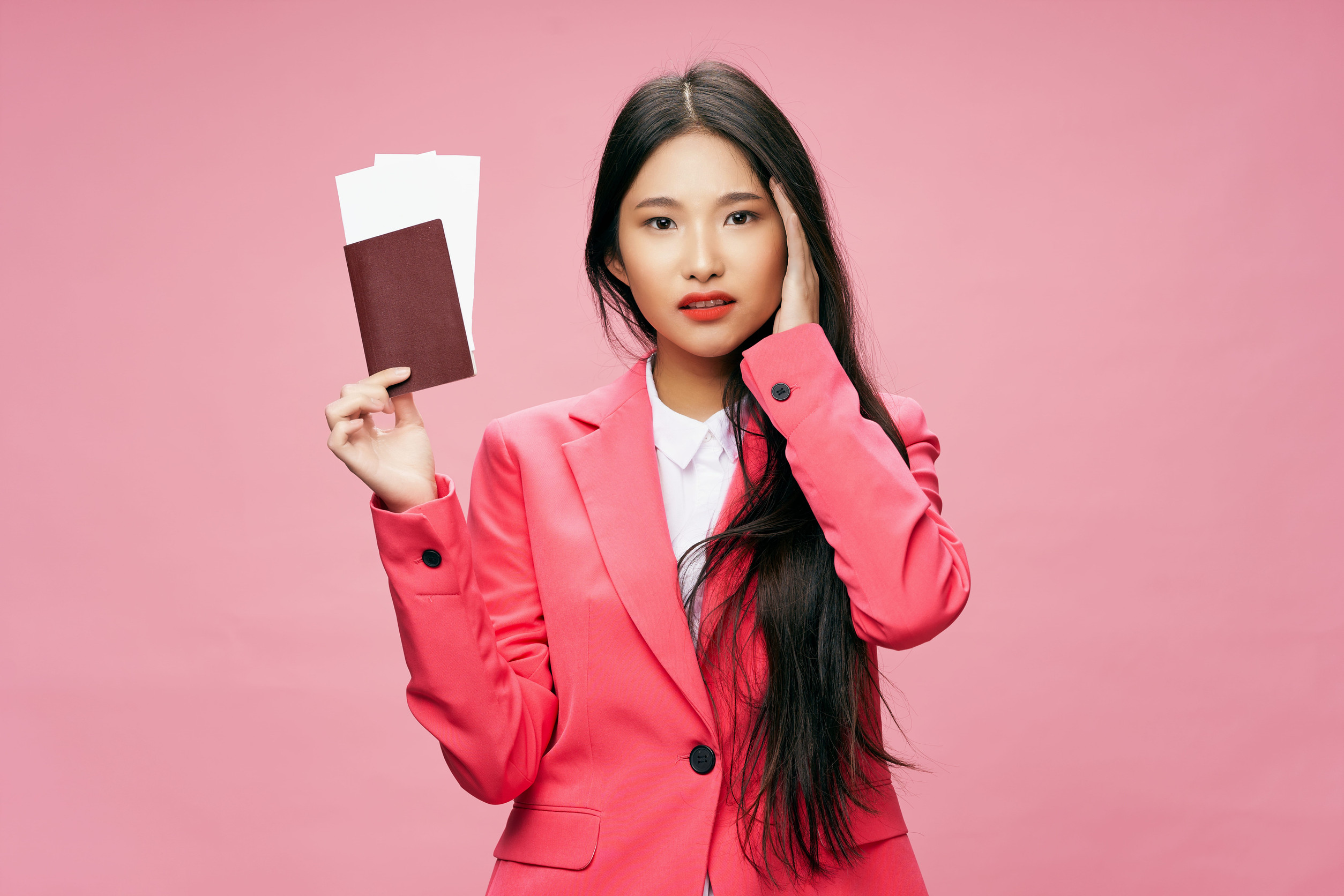 Woman Passport Tickets Pink Background